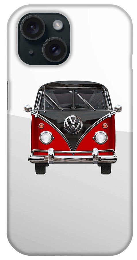 'volkswagen Type 2' Collection By Serge Averbukh iPhone Case featuring the digital art Volkswagen Type 2 - Red and Black Volkswagen T 1 Samba Bus on White by Serge Averbukh