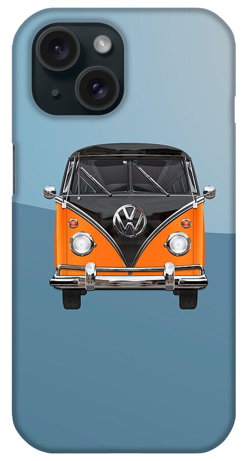 'volkswagen Type 2' Collection By Serge Averbukh iPhone Case featuring the photograph Volkswagen Type 2 - Black and Orange Volkswagen T 1 Samba Bus over Blue by Serge Averbukh