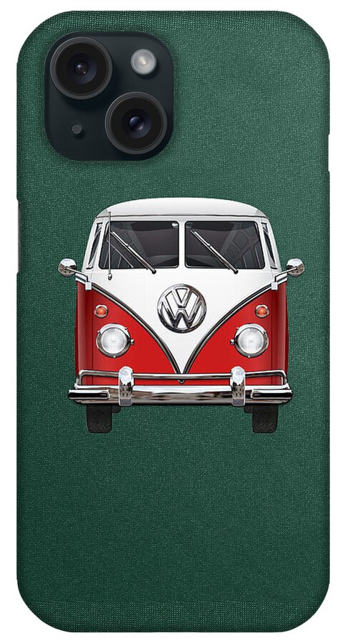 'volkswagen Type 2' Collection By Serge Averbukh iPhone Case featuring the photograph Volkswagen Type 2 - Red and White Volkswagen T 1 Samba Bus over Green Canvas by Serge Averbukh