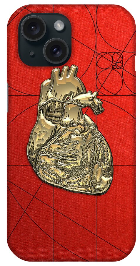 inner Workings Collection By Serge Averbukh iPhone Case featuring the photograph Heart of Gold - Golden Human Heart on Red Canvas #1 by Serge Averbukh