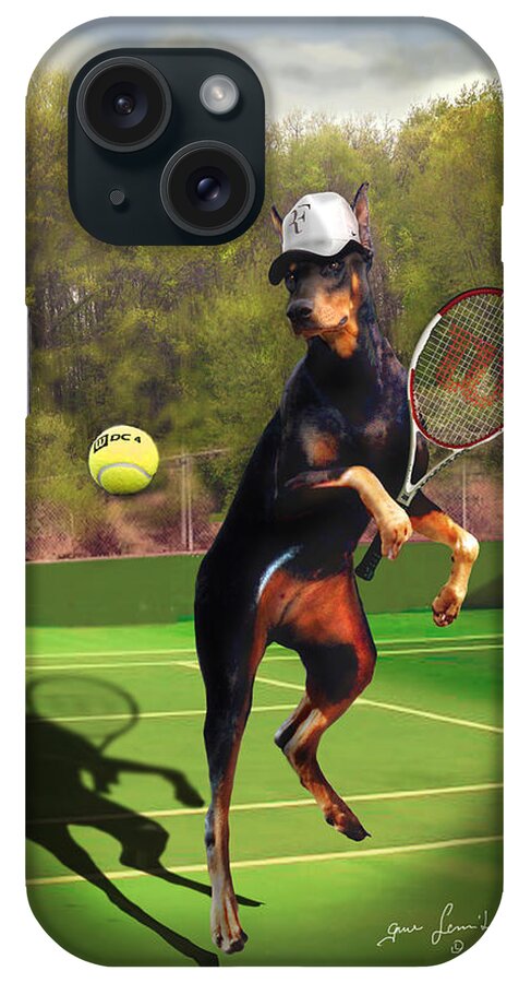 Fine Art iPhone Case featuring the painting funny pet scene tennis playing Doberman by Regina Femrite