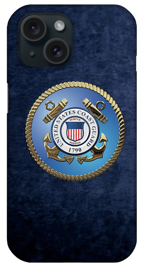 'military Insignia & Heraldry 3d' Collection By Serge Averbukh iPhone Case featuring the digital art U. S. Coast Guard - U S C G Emblem over Blue Velvet by Serge Averbukh
