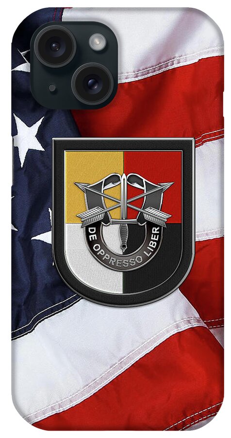 'u.s. Army Special Forces' Collection By Serge Averbukh iPhone Case featuring the digital art U. S. Army 3rd Special Forces Group - 3 S F G Beret Flash over American Flag by Serge Averbukh