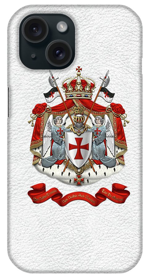 'ancient Brotherhoods' Collection By Serge Averbukh iPhone Case featuring the digital art Knights Templar - Coat of Arms over White Leather by Serge Averbukh