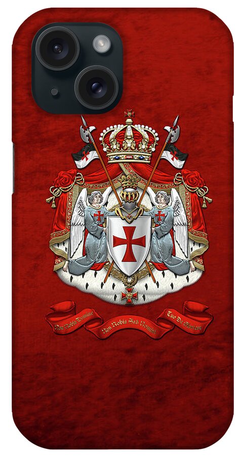 'ancient Brotherhoods' Collection By Serge Averbukh iPhone Case featuring the digital art Knights Templar - Coat of Arms over Red Velvet by Serge Averbukh