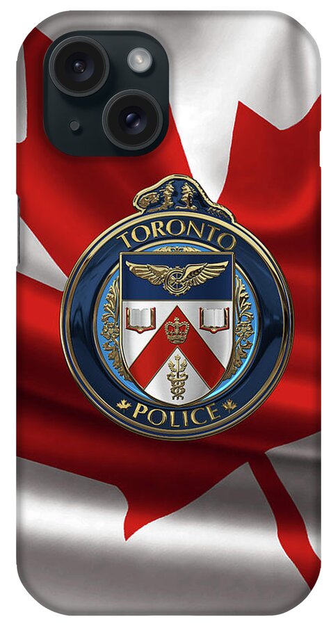 'law Enforcement Insignia & Heraldry' Collection By Serge Averbukh iPhone Case featuring the digital art Toronto Police Service - T P S Emblem over Canadian Flag by Serge Averbukh