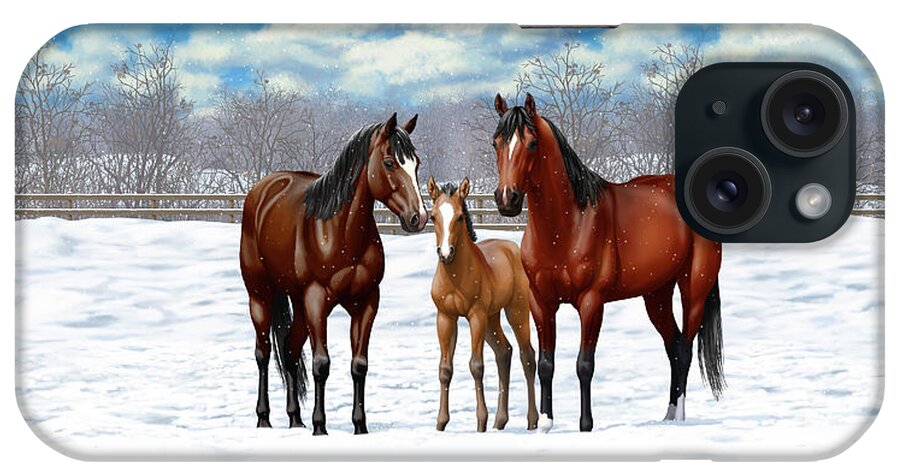 Horses iPhone Case featuring the painting Bay Horses In Winter Pasture by Crista Forest