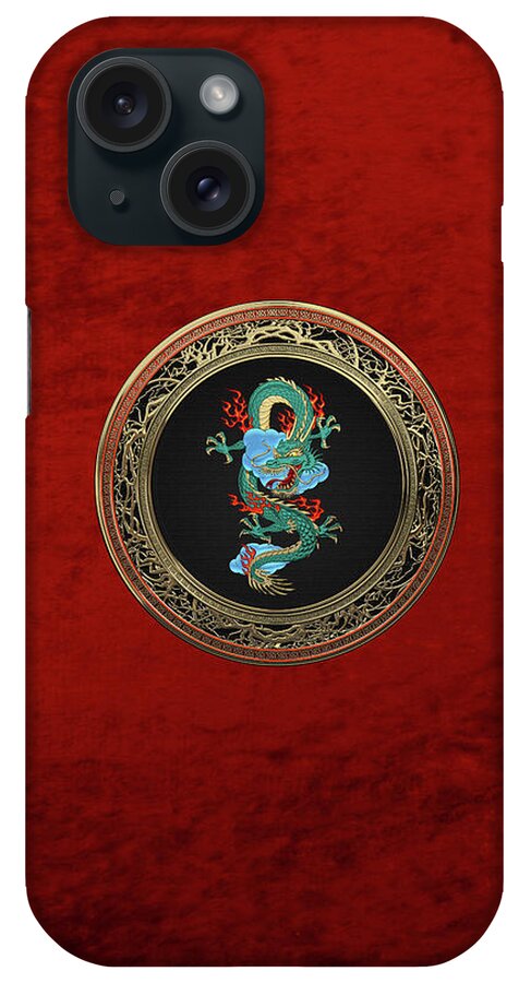 'treasure Trove' Collection By Serge Averbukh iPhone Case featuring the digital art Treasure Trove - Turquoise Dragon over Red Velvet by Serge Averbukh