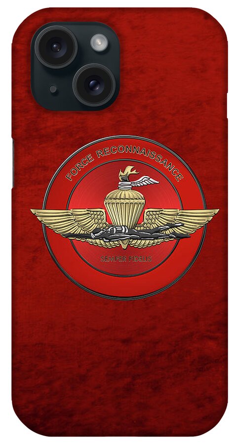 'military Insignia & Heraldry' Collection By Serge Averbukh iPhone Case featuring the digital art Marine Force Reconnaissance - U S M C  F O R E C O N Insignia over Red Velvet by Serge Averbukh