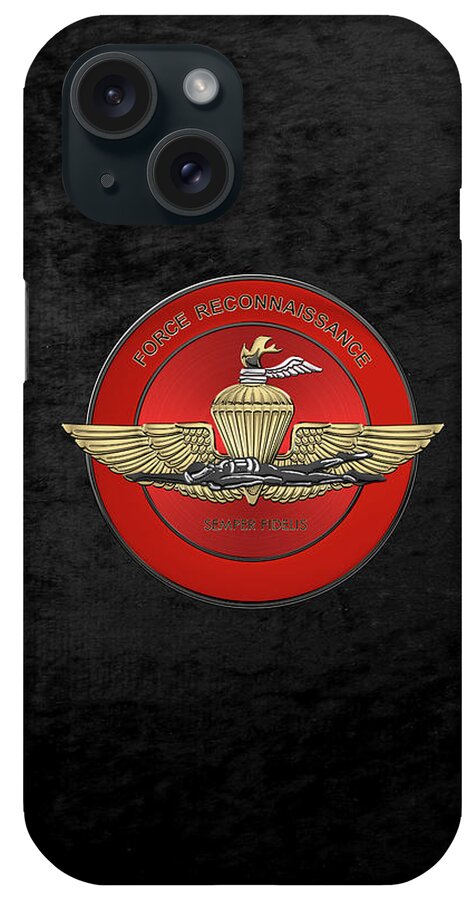 'military Insignia & Heraldry' Collection By Serge Averbukh iPhone Case featuring the digital art Marine Force Reconnaissance - U S M C  F O R E C O N Insignia over Black Velvet by Serge Averbukh