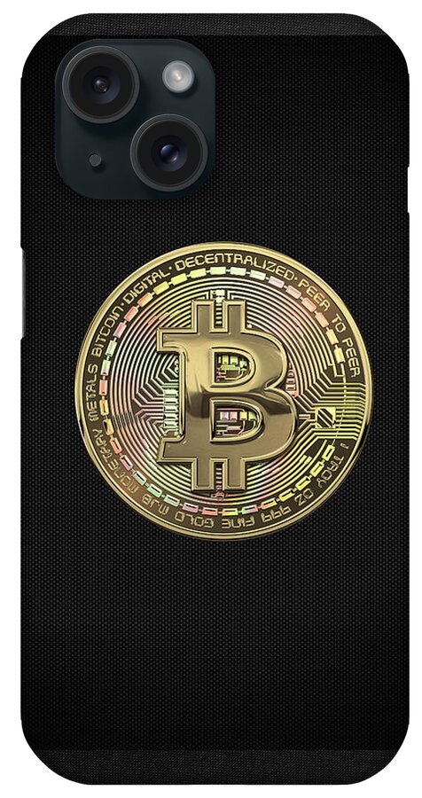 'money’ Collection By Serge Averbukh iPhone Case featuring the photograph Gold Bitcoin Effigy over Black Canvas #2 by Serge Averbukh