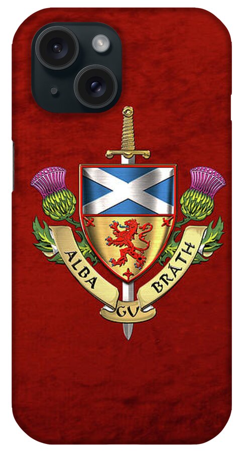 “world Heraldry” Collection Serge Averbukh iPhone Case featuring the digital art Scotland Forever - Alba Gu Brath - Symbols of Scotland over Red Velvet by Serge Averbukh