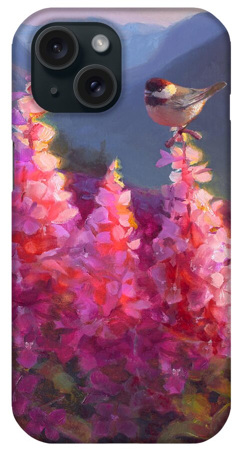 Alaska Art iPhone Case featuring the painting Eagle River Summer Chickadee and Fireweed Alaskan Landscape by K Whitworth