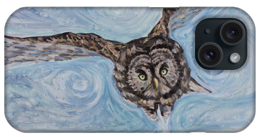 Owl Flight Bird Aerodynamic Snow Air Winter White Sky Chase Snowflake Prey Raptor Wing iPhone Case featuring the painting Attack Form The Sky by Marco Busoni