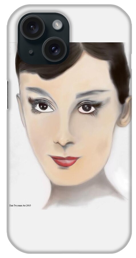 Audrey Hepburn iPhone Case featuring the drawing Audrey Hepburn Color by Dan Twyman