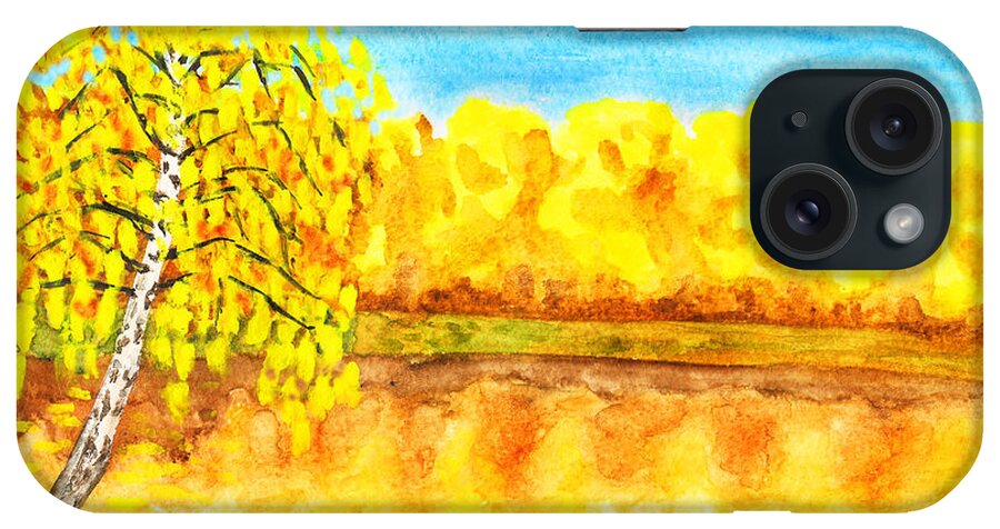 Visual iPhone Case featuring the painting Autumn, birch near lake, painting by Irina Afonskaya