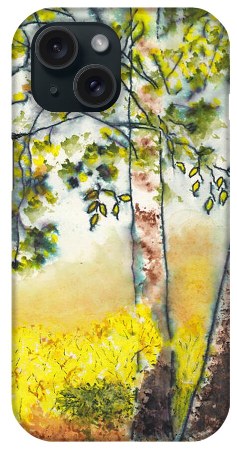 Autumn Birch Trees iPhone Case featuring the mixed media Autumn Birch Trees by Conni Schaftenaar