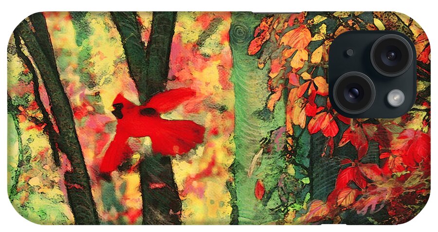 #autumn Art #cardinals #bird Art #cottage Decor #autumn Photography #trees #birds #autumn Wall Art #red Decor iPhone Case featuring the digital art Autumn flight by Gina Signore