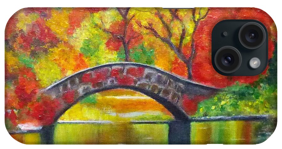 Autumncolors Landscapepainting Fallcolors Orangetree Bridge Flowers Reflection Water Calm Newyork Yellow Blue Lake Colorful Holidayart Giftart Grass Green iPhone Case featuring the painting Autumn Landscape -Colors of Fall by Manjiri Kanvinde