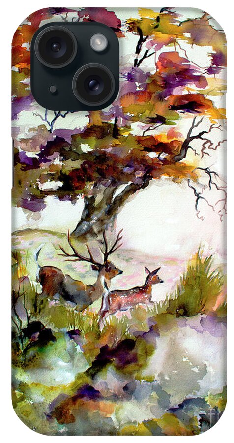 Oaks Tree iPhone Case featuring the painting Autumn Oak and Deer Sunset by Ginette Callaway
