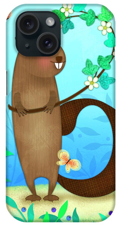 Letter B iPhone Case featuring the digital art B is for Beaver with a Blossoming Branch by Valerie Drake Lesiak