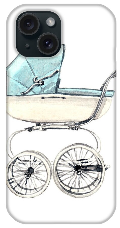 Baby Carriage iPhone Case featuring the painting Baby Carriage in Blue - Vintage Pram English by Laura Row
