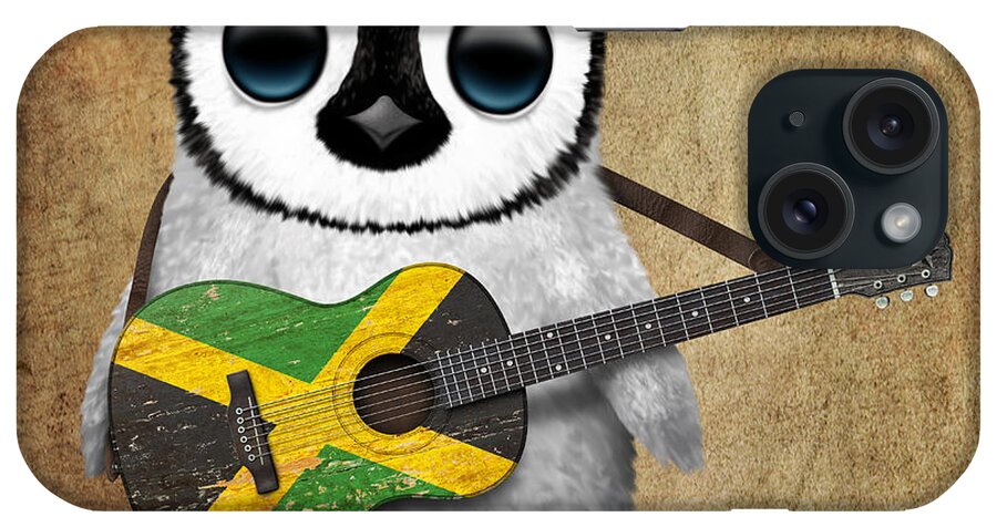 Penguin iPhone Case featuring the digital art Baby Penguin Playing Jamaican Flag Guitar by Jeff Bartels