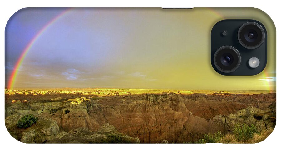 Rainbow Promise iPhone Case featuring the photograph Badlands Rainbow Promise by Karen Jorstad