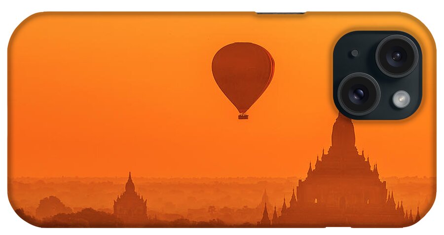  iPhone Case featuring the photograph Bagan pagodas and hot air balloon by Pradeep Raja Prints