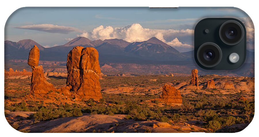 Arches National Park iPhone Case featuring the photograph Balanced Rock and Summer Clouds at Sunset by Dan Norris