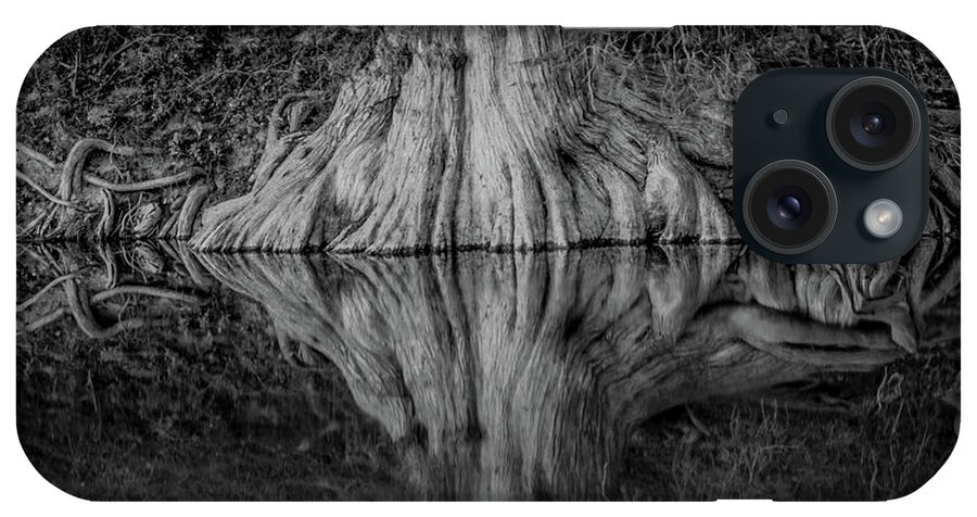 Bald Cypress Reflection In Black And White Michael Tidwell Guadalupe River Mike Tidwell iPhone Case featuring the photograph Bald Cypress Reflection in Black and White by Michael Tidwell