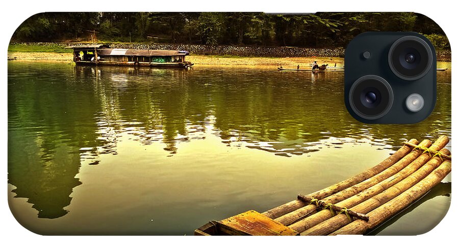 Sunset iPhone Case featuring the photograph Bamboo raft preparing to cross the river-China Guilin scenery Lijiang River in Yangshuo by Artto Pan