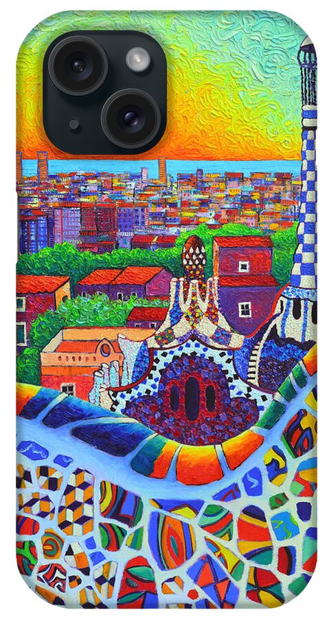 Barcelona iPhone Case featuring the painting Barcelona Park Guell Sunrise Gaudi Tower Textural Impasto Knife Oil Painting By Ana Maria Edulescu by Ana Maria Edulescu