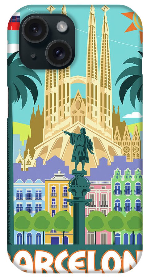 #faatoppicks iPhone Case featuring the digital art Barcelona Poster - Retro Travel by Jim Zahniser