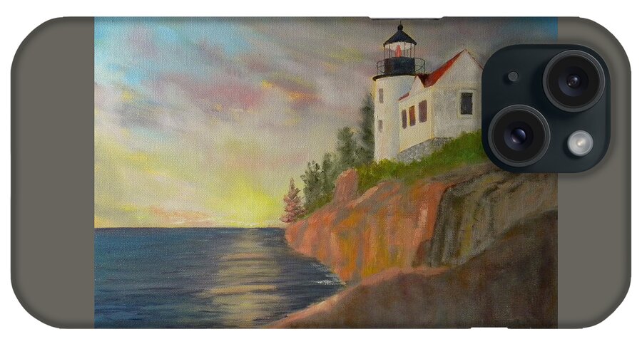 Beach Seascape Lighthouse Ocean Sunrise Rocks Sea Maine Harbor Landscape Artist Scott White iPhone Case featuring the painting Bass Harbor Light by Scott W White