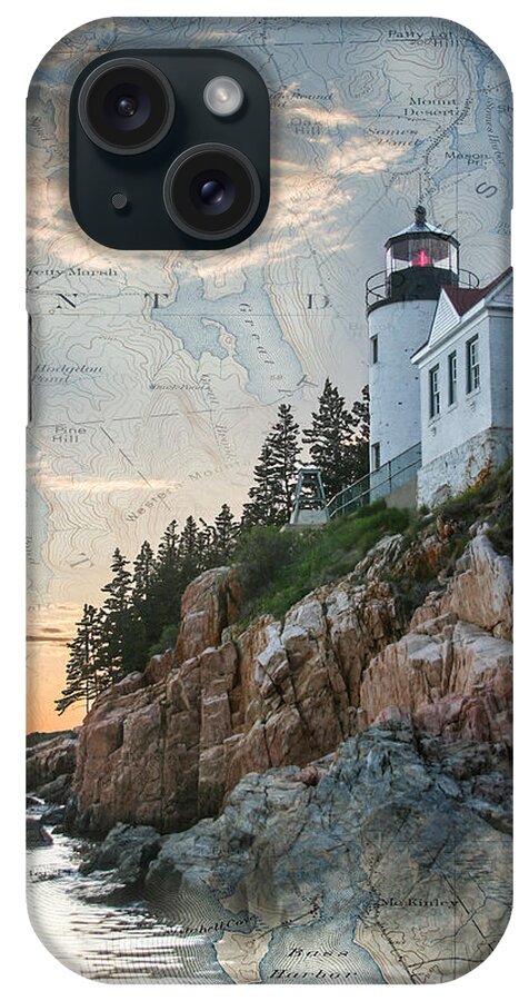  iPhone Case featuring the digital art Bass Harbor lighthouse on Maine nautical chart by Jeff Folger