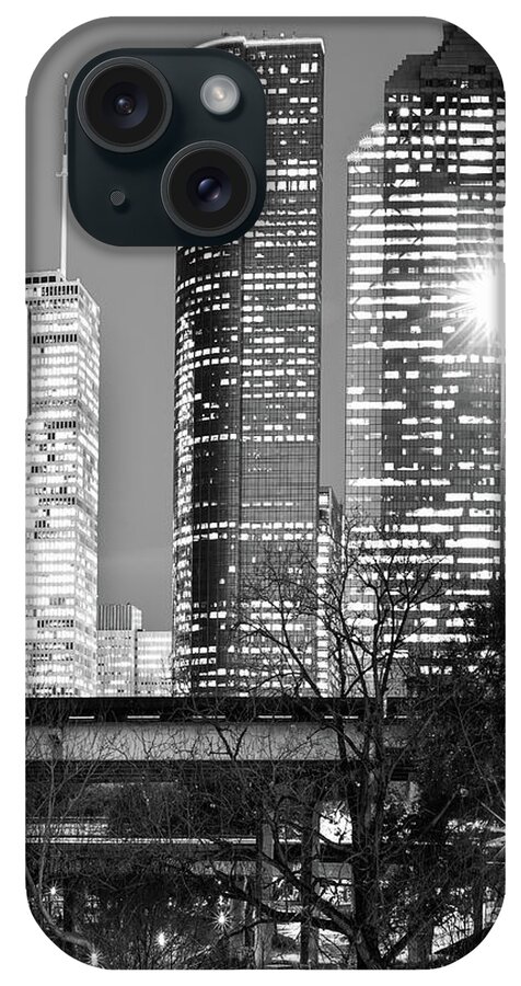 Downtown Houston Texas iPhone Case featuring the photograph Bayou City in Black and White - Houston Vertical Skyline by Gregory Ballos