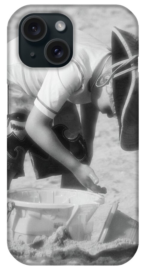 Beach Shore Delaware Maryland Ocean Sand Sun Summer Hat Sandcastle Dig Digging Young Youth Ir Infrared Black White Lad Treasure Hot Play Playing iPhone Case featuring the photograph Beach Boy #71 by Raymond Magnani