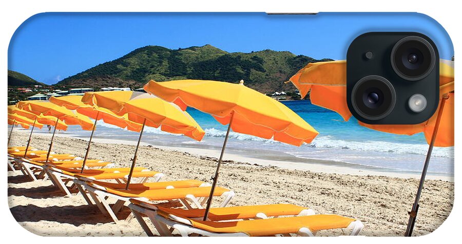 Yellow Beach Umbrellas iPhone Case featuring the photograph Beach umbrellas by Catie Canetti