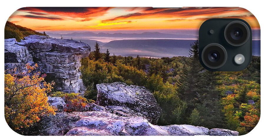 Landscape Nature Sunrise bear Rocks dolly Sods Wilderness Area west Virginia canaan Valley Clouds Autumn Fall Foliage iPhone Case featuring the photograph Bear Rocks by Jeff Burcher
