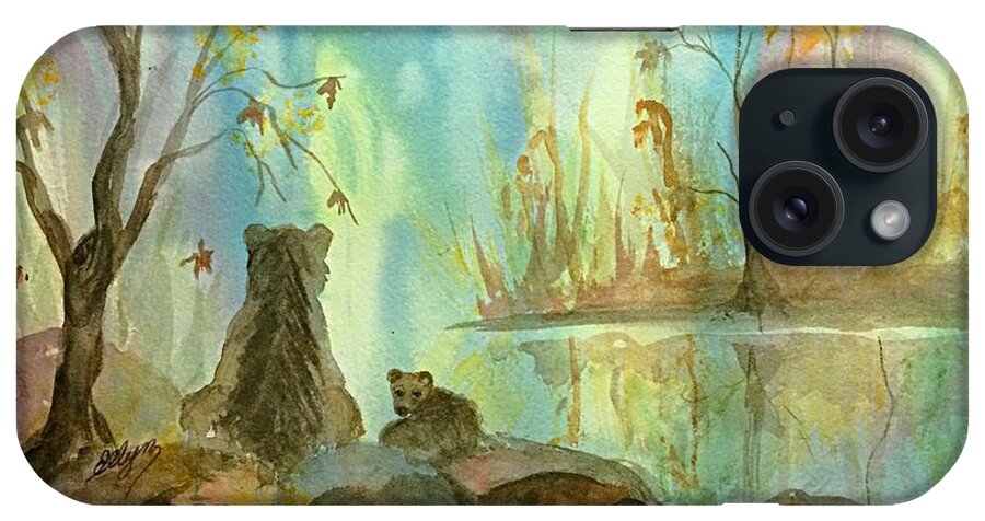 Bears iPhone Case featuring the painting Bears Watching the Aurora by Ellen Levinson