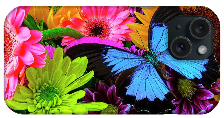 Daisy iPhone Case featuring the photograph Beautiful Blue Butterfly In Bouquet by Garry Gay