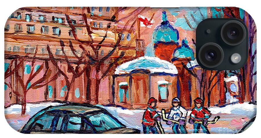 Downtown Montreal iPhone Case featuring the painting Beautiful Winter Day Downtown Montreal Dominion Square Hockey Art Canadian Scene Carole Spandau   by Carole Spandau