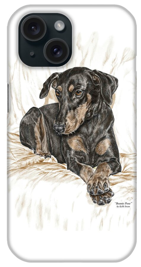 Doberman iPhone Case featuring the drawing Beauty Pose - Doberman Pinscher Dog with Natural Ears by Kelli Swan