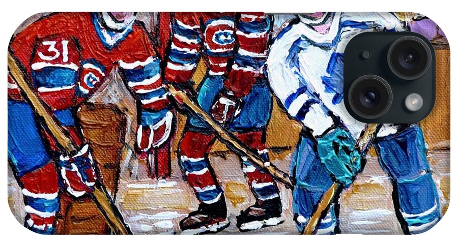 Hockey iPhone Case featuring the painting Bell Center Hockey Painting Carey Price Goalie Original 6 Habs Vs Leafs Hockey Art Carole Spandau by Carole Spandau