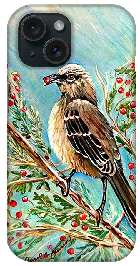 Mocking Bird iPhone Case featuring the painting Berry picking time by Carol Allen Anfinsen