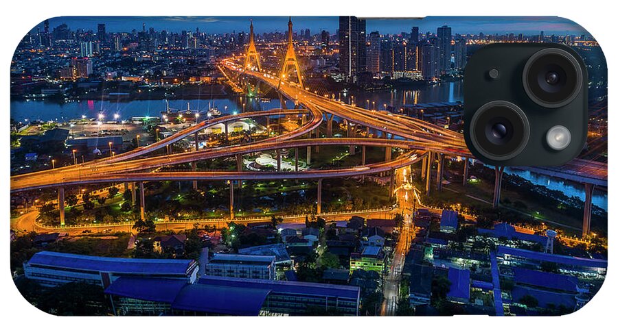 Bangkok iPhone Case featuring the photograph Bhumibol bridge aerial view at sunrise by Pradeep Raja PRINTS