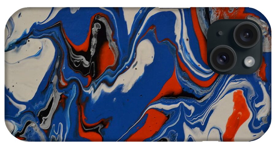 A Abstract Painting Of Large Blue Waves With White Tips. The Waves Are Picking Up Red And Black Sand From The Beach. Some Of The Blue Waves Are Curling Over. iPhone Case featuring the painting Big Blue Waves by Martin Schmidt