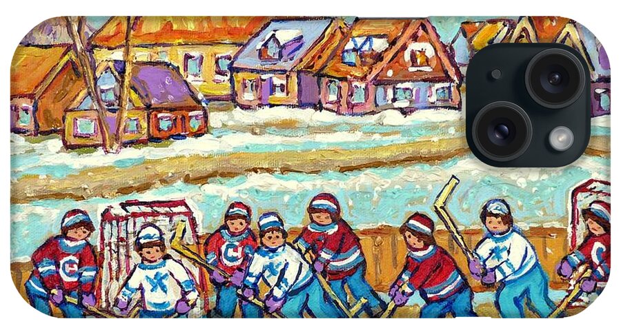 Hockey iPhone Case featuring the painting Big Hockey Game Outdoor Ice Rink Snowy Winter Scene Painting Canadian Art C Spandau Quebec Artist  by Carole Spandau