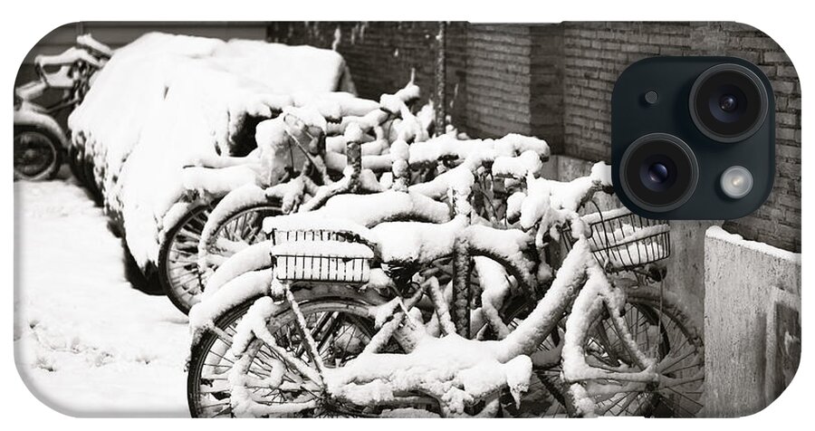 Bikes Parked iPhone Case featuring the photograph Bikes parked and full of snow by Stefano Senise